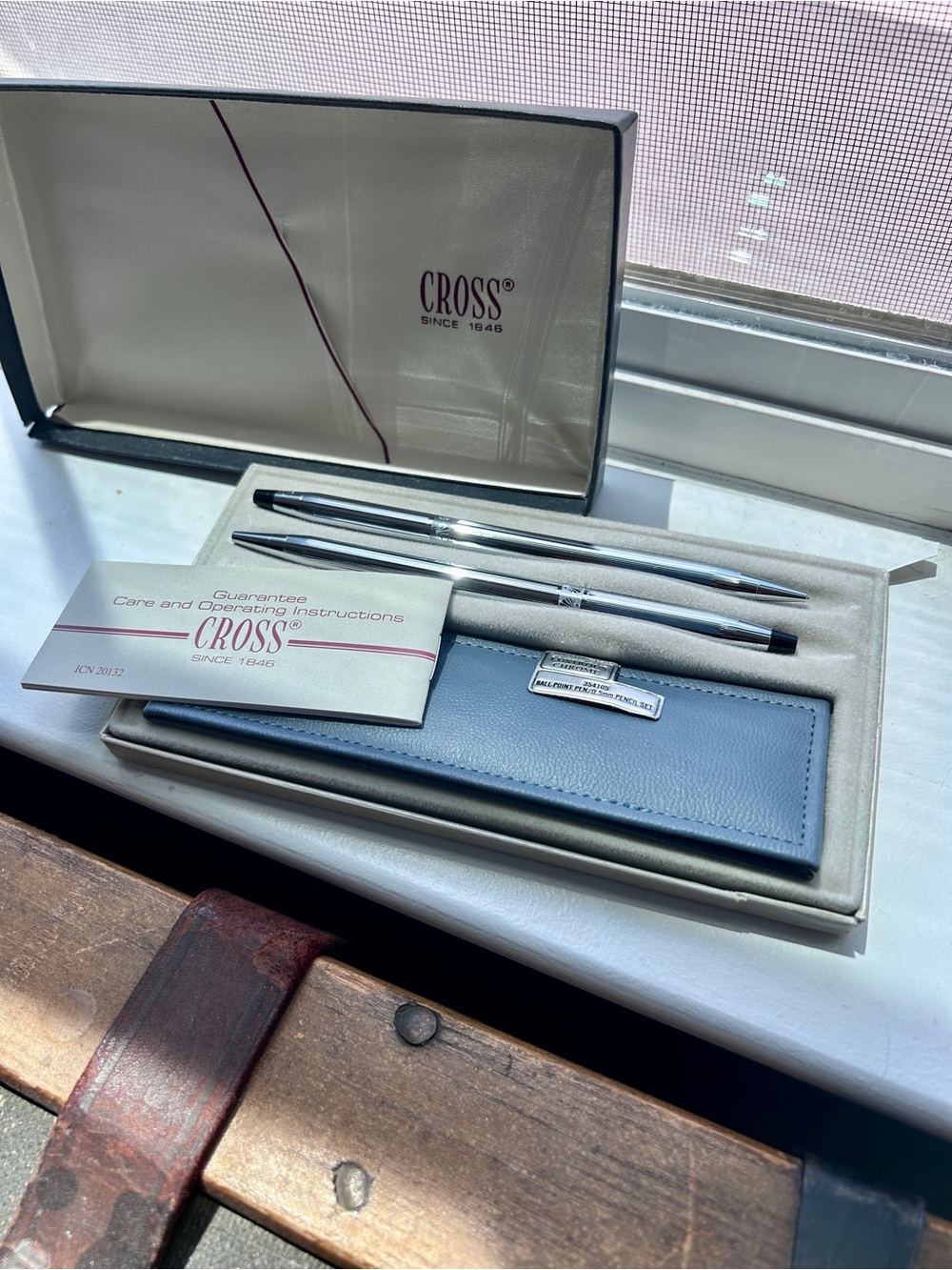 Vintage CROSS Chrome Ballpoint & Mechanical Pencil Set with Grey Leather Sleeve